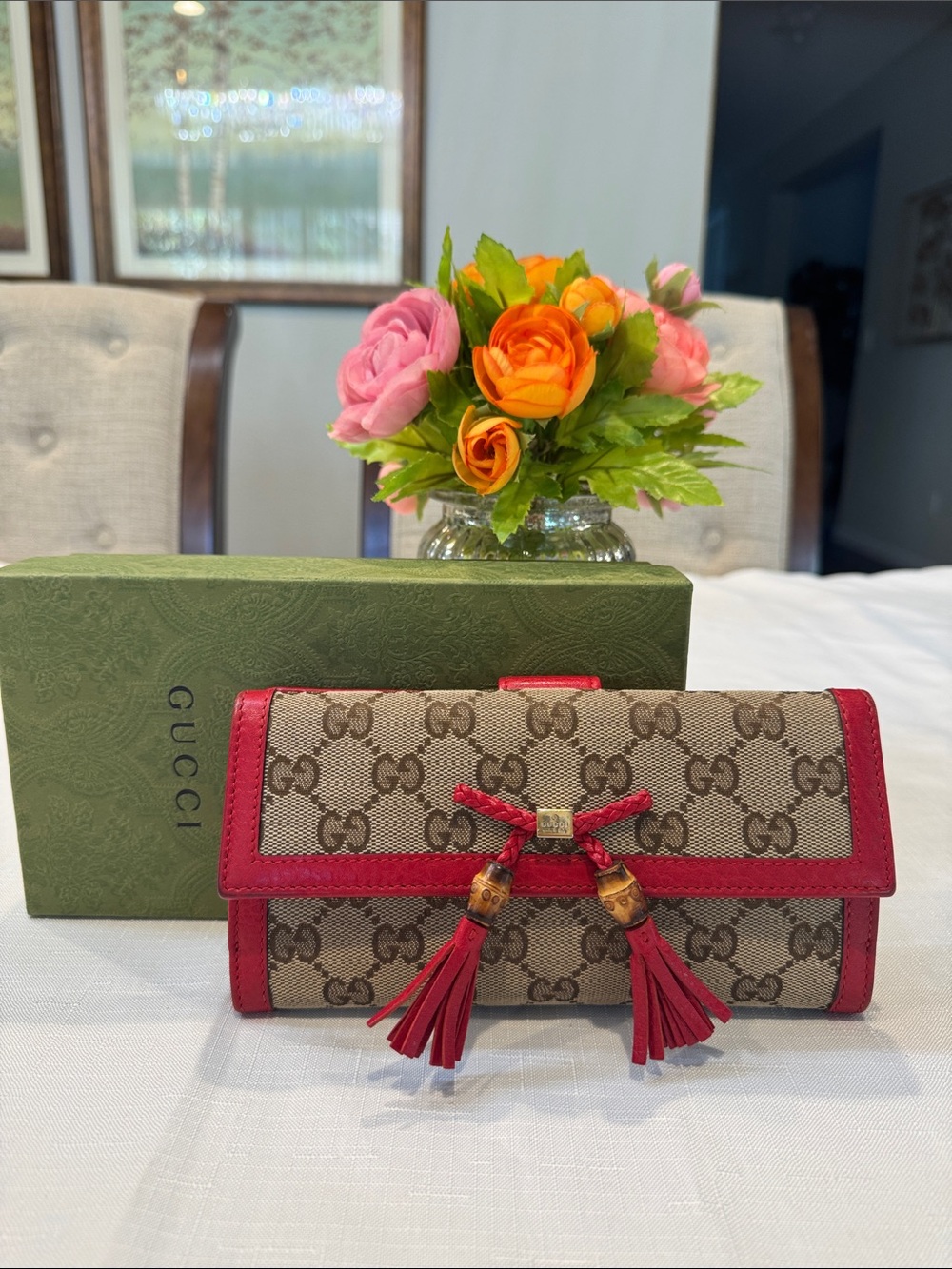 Authentic Gucci GG Supreme Canvas Wallet with Bamboo & Red Leather Tassels